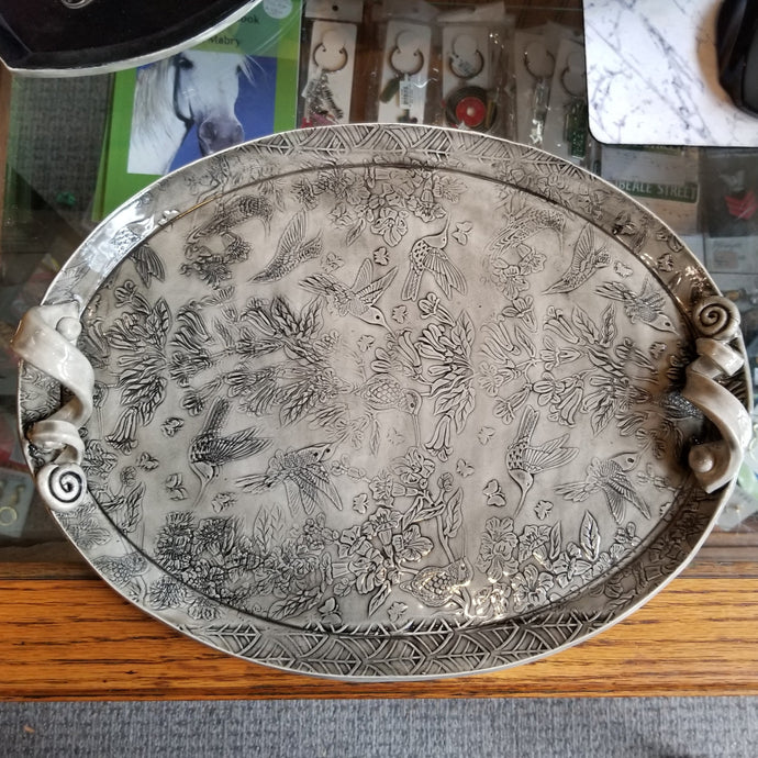 Vicki Babb Large Grey Platter with Swirl Handles and Hummingbird Pattern