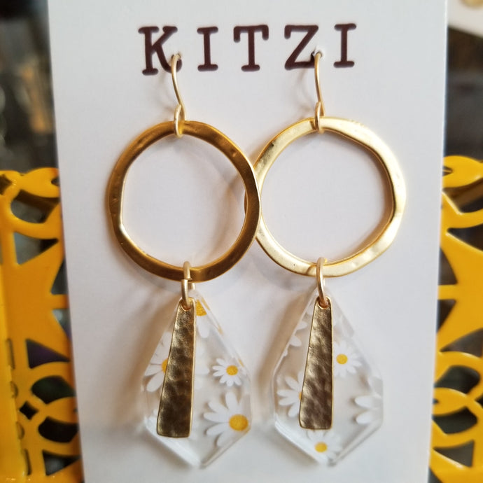 Kitzi Jewelry Earrings Gold Hoops with Flower Pendants