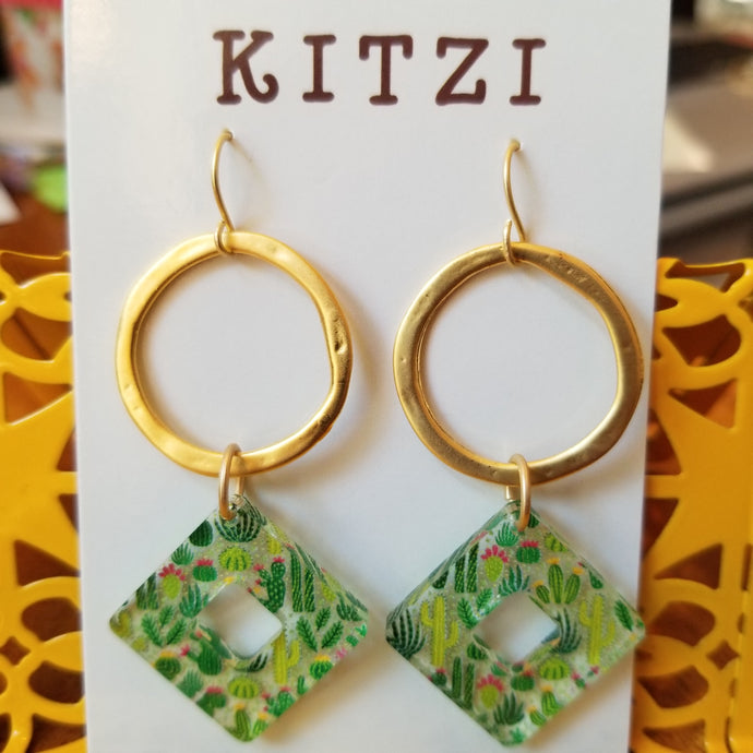 Kitzi Jewelry Earrings Gold Cactus Print